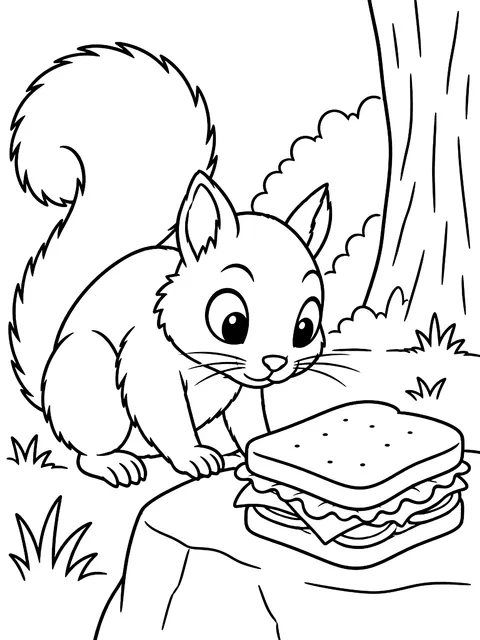 Squirrel eyeing a sandwich coloring page