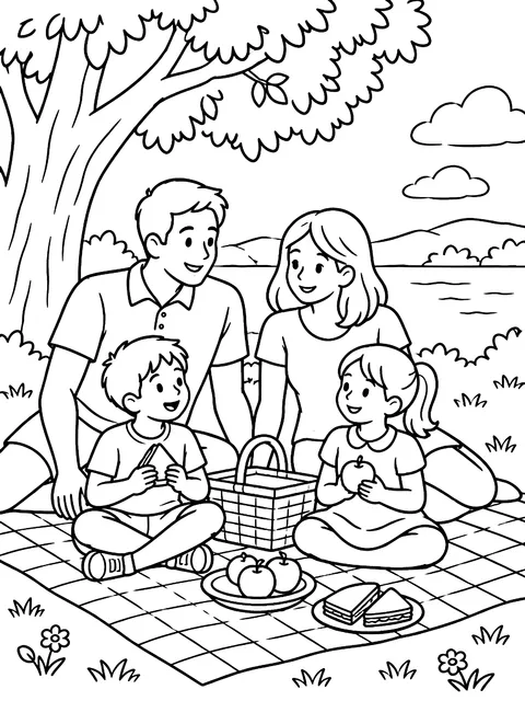 Family picnic under a tree coloring page