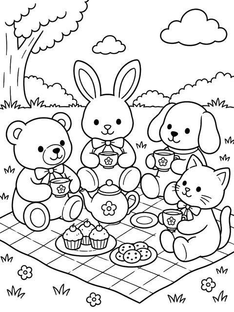 Stuffed animals at a tea party picnic coloring page