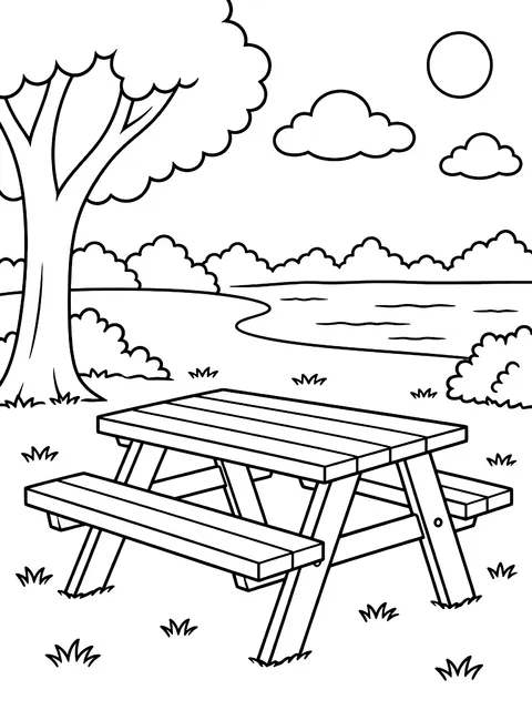 Picnic table in a park coloring page
