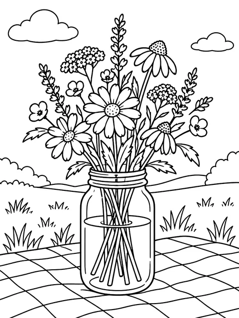 Jar of wildflowers on a blanket coloring page