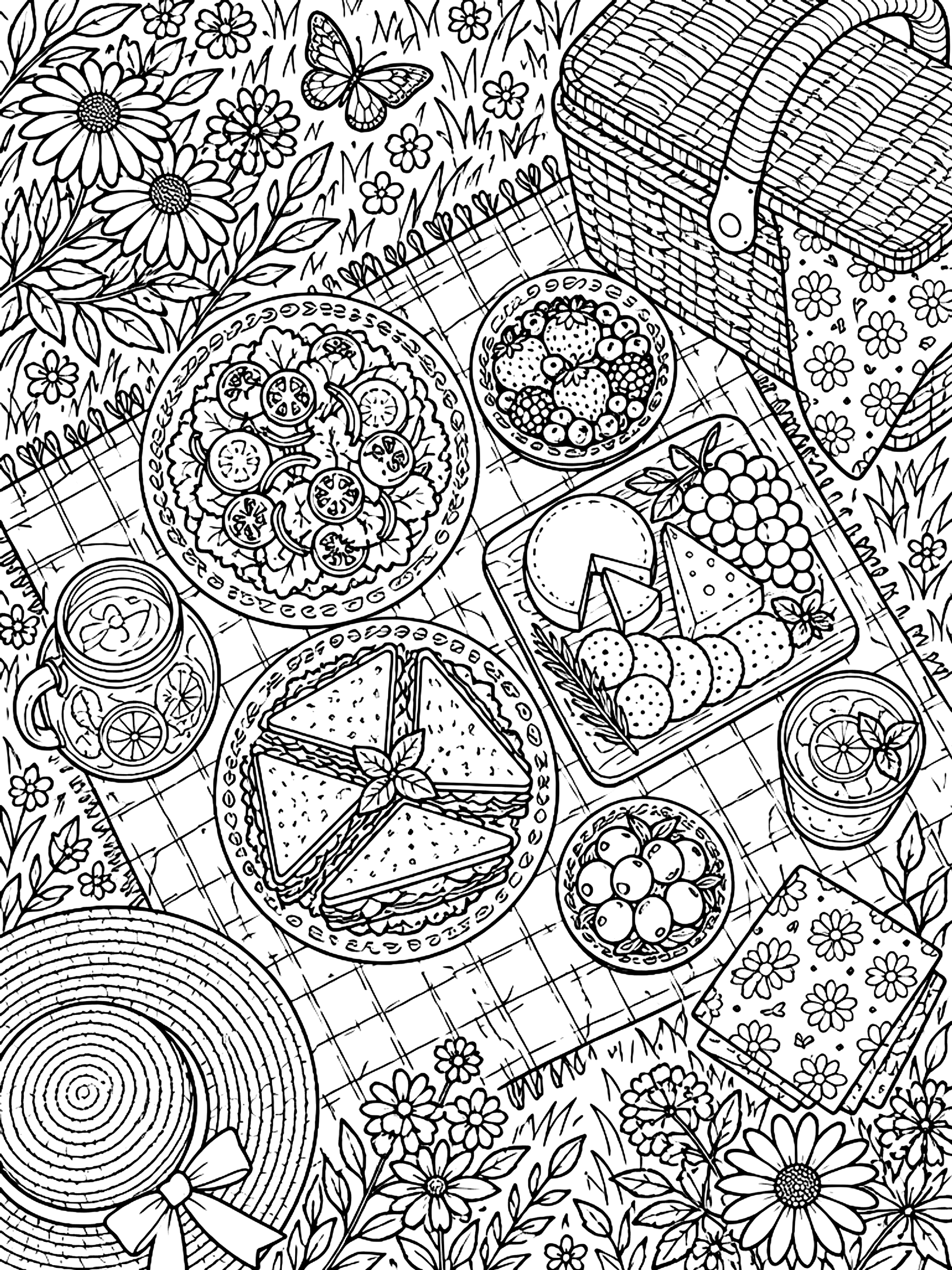 Detailed Picnic spread seen from above coloring page