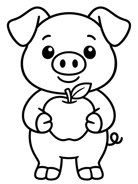 Easy Pig holding an apple coloring page