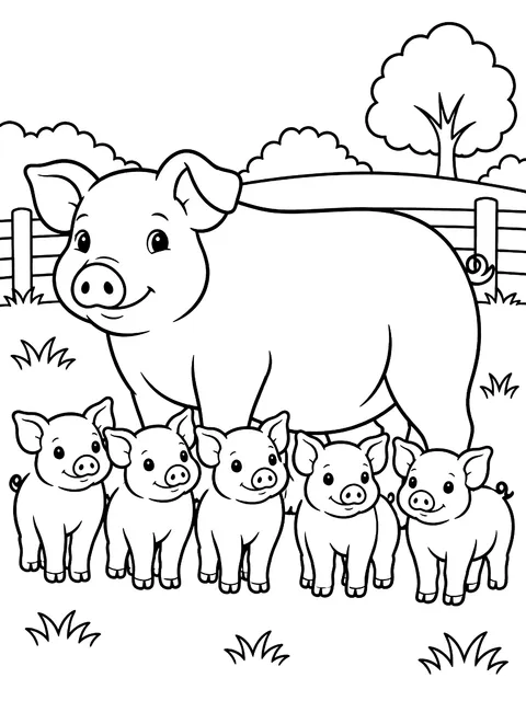 Sow with a row of piglets coloring page