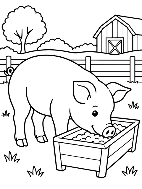 Pig eating at a trough coloring page