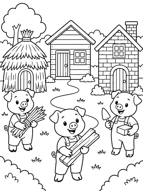 Three little pigs and their houses coloring page