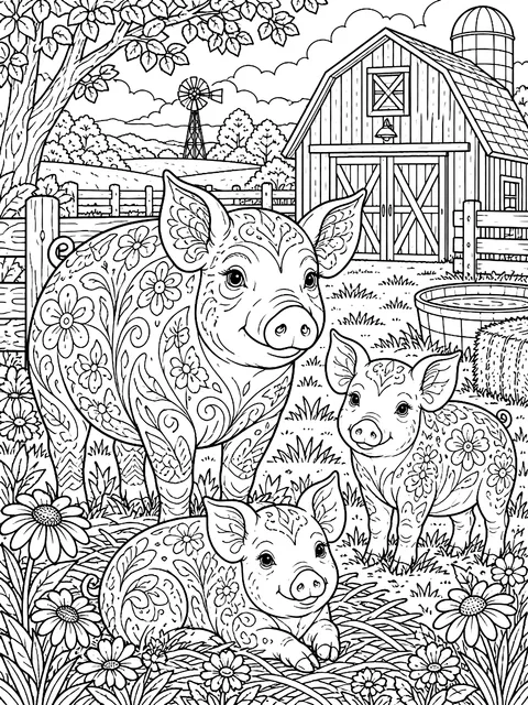 Detailed Pigs in a farmyard with a barn coloring page