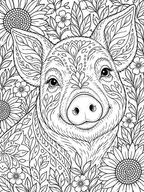Detailed Realistic pig portrait coloring page
