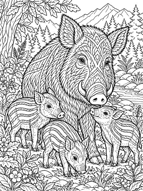 Detailed Wild boar with striped piglets coloring page