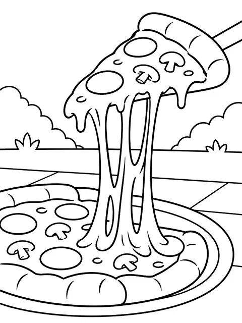 Slice with a long string of cheese coloring page