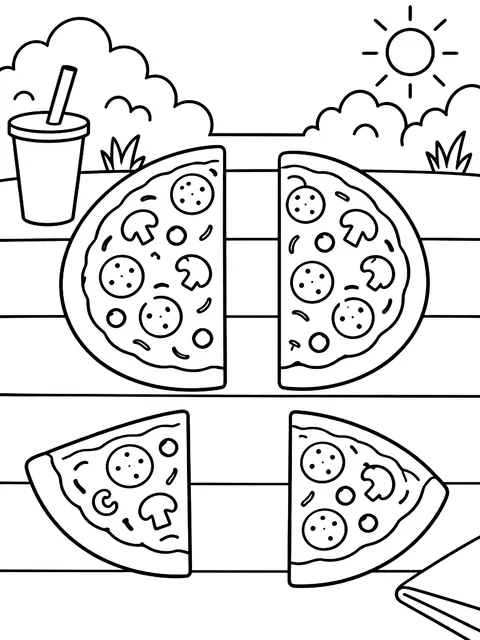 Fraction pizzas in halves and quarters coloring page
