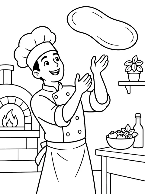 Chef tossing pizza dough coloring page