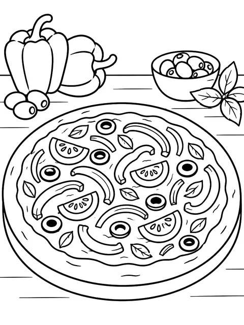 Vegetable pizza with peppers and olives coloring page
