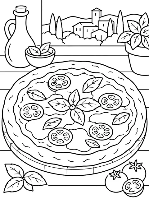Margherita pizza with basil leaves coloring page