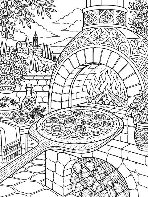 Detailed Wood-fired oven with a pizza on a peel coloring page
