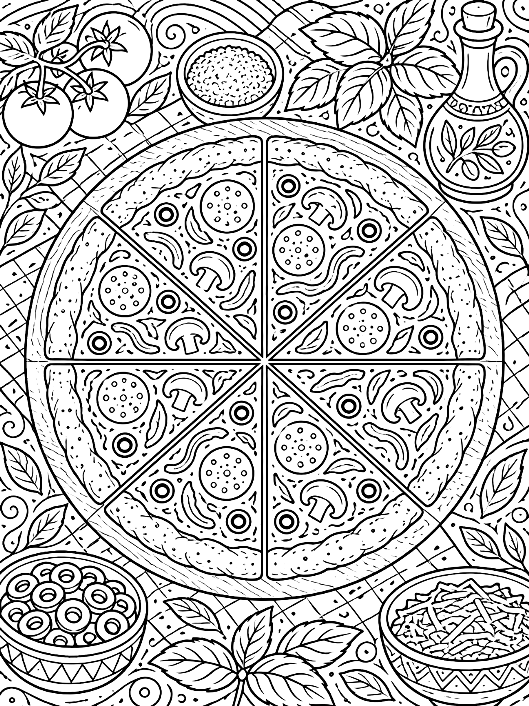 Detailed Fraction pizza in eighths with labels coloring page