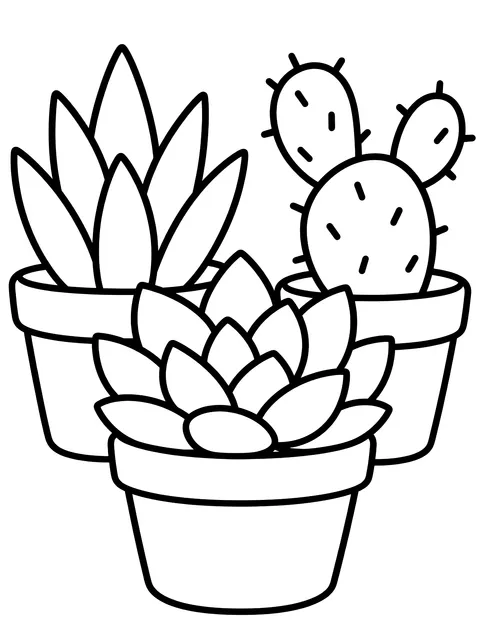 Easy Three succulents in small pots coloring page