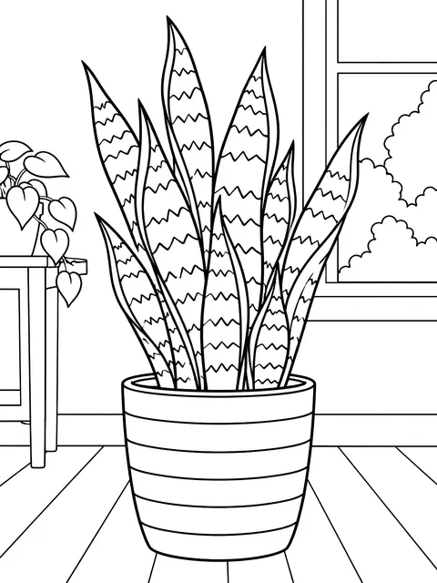 Snake plant in a striped pot coloring page