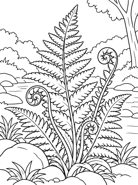 Fern with curled fiddleheads coloring page