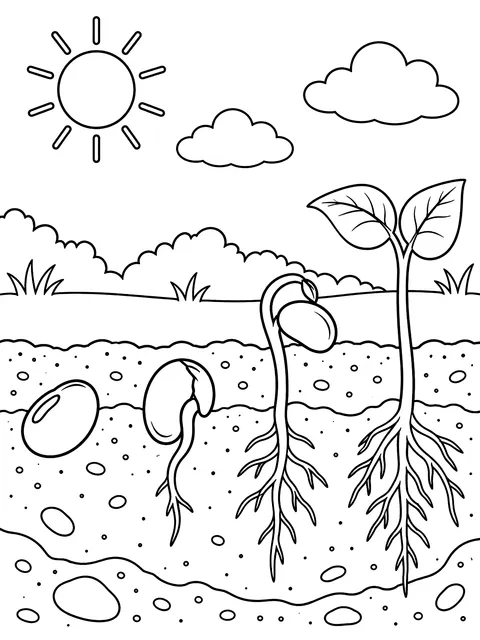 Bean seed sprouting in four steps coloring page