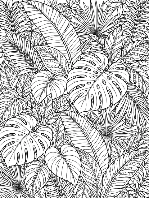 Detailed Jungle of overlapping leaves coloring page
