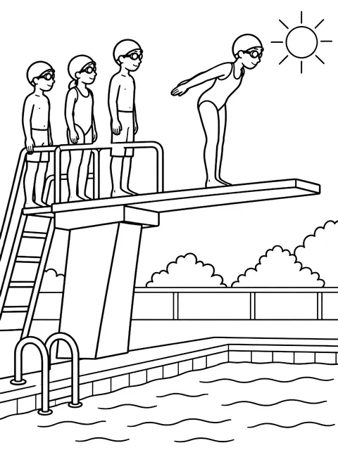 Diving board with a line of swimmers coloring page