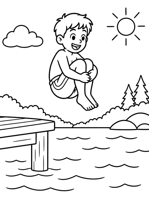 Kid doing a cannonball coloring page