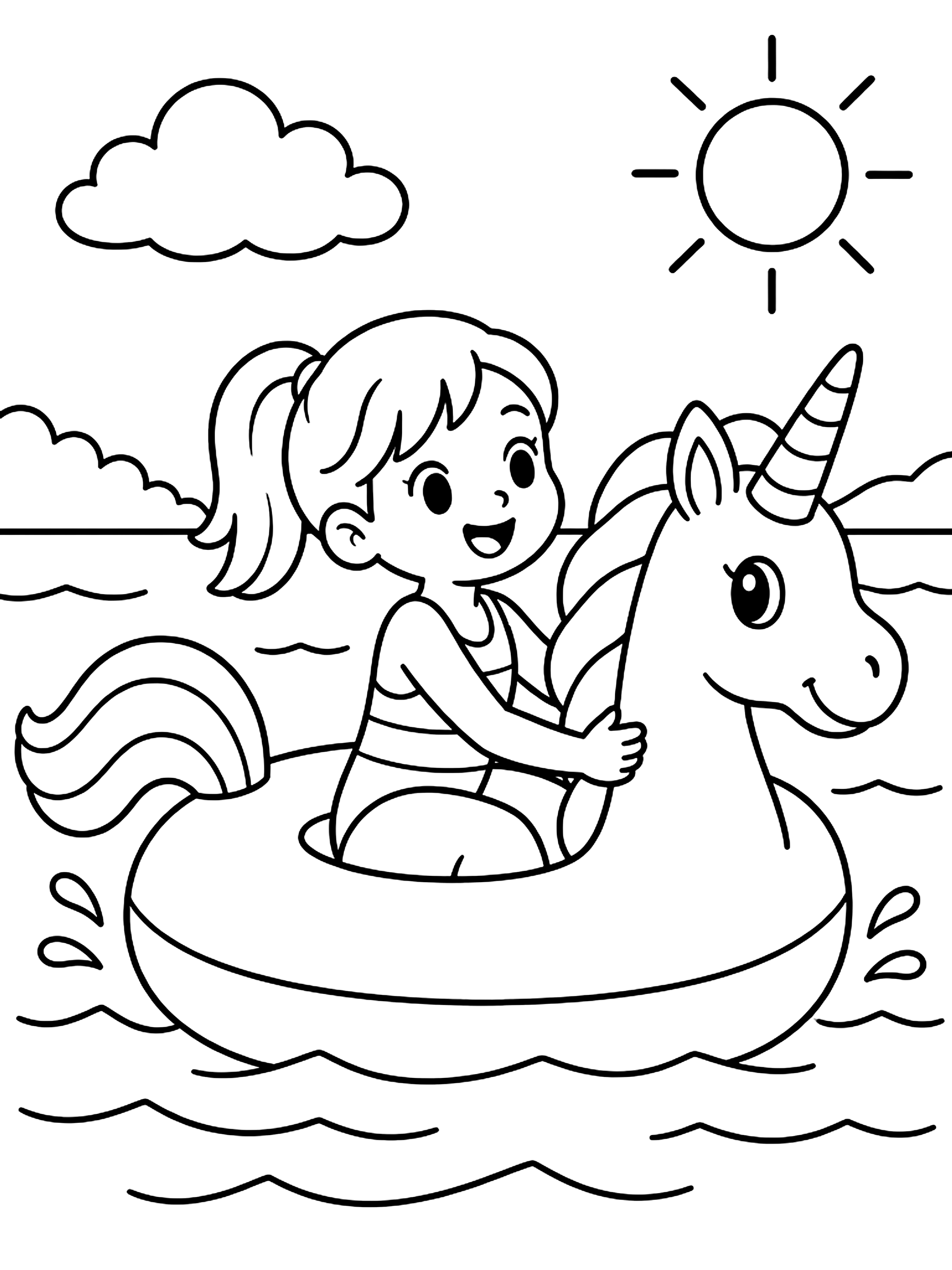 Kid riding a unicorn float coloring page