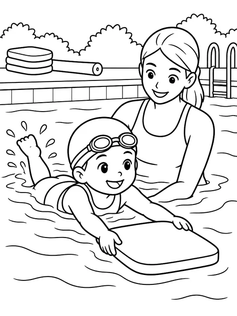 Swim lesson with a kickboard coloring page