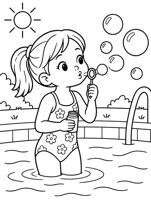 Child blowing bubbles in the shallow end coloring page