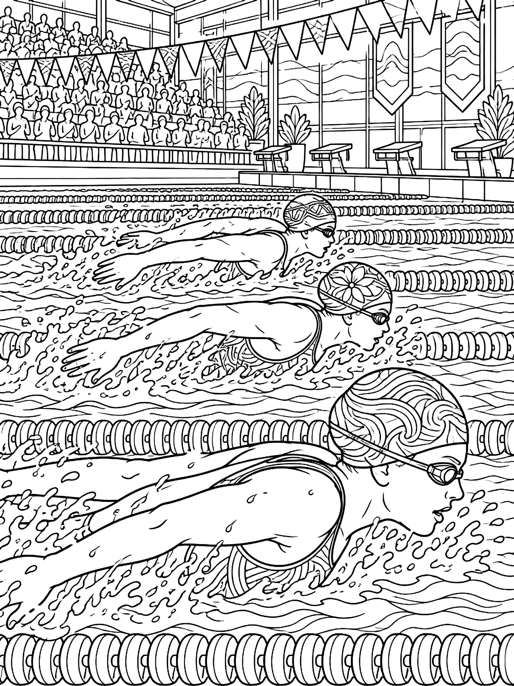 Detailed Swim meet race coloring page
