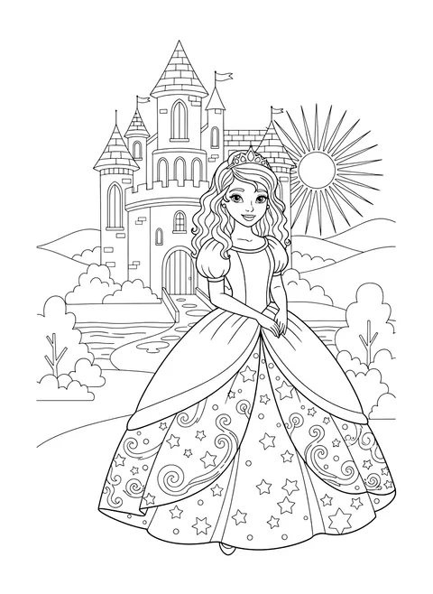 Princess in front of a castle coloring page