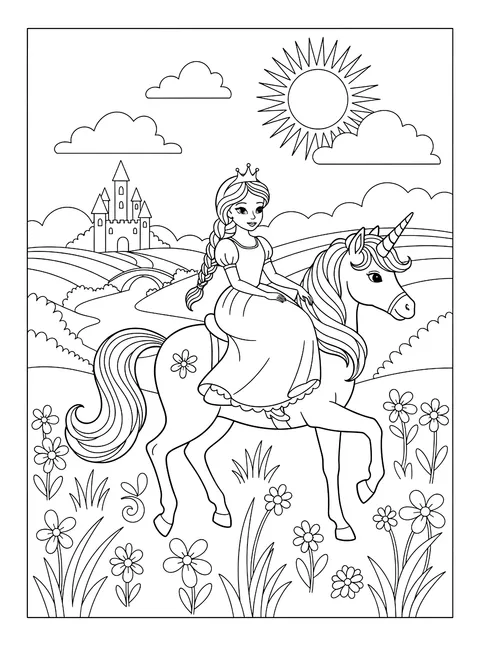 Princess riding a unicorn coloring page