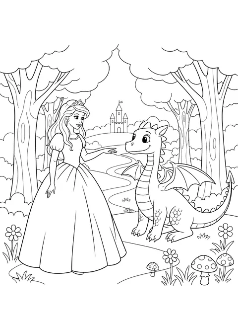 Princess and her dragon friend coloring page