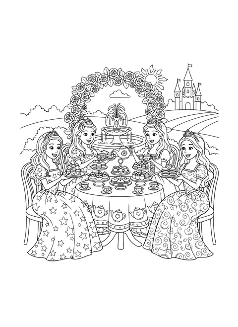 Princess tea party coloring page