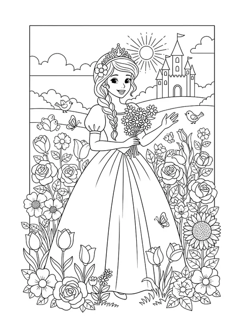 Princess in a flower garden coloring page