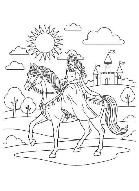 Princess riding a horse coloring page