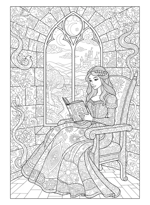 Detailed Princess reading in a tower coloring page