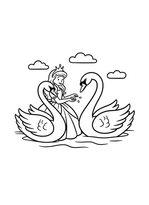 Easy Princess feeding swans coloring page