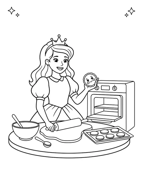 Easy Princess baking cookies coloring page