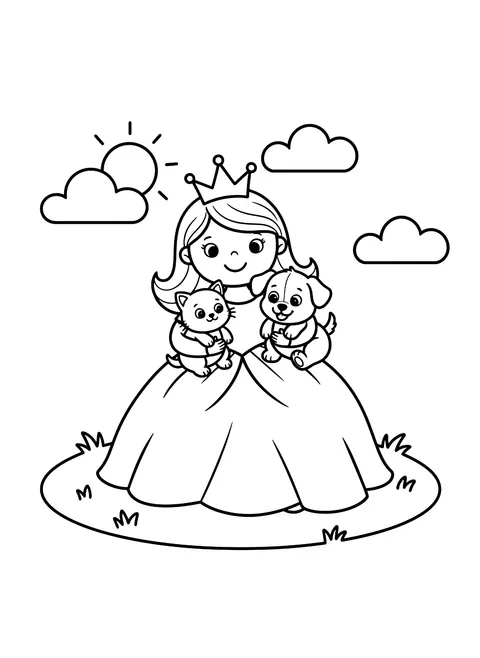 Easy Princess with a kitten and puppy coloring page
