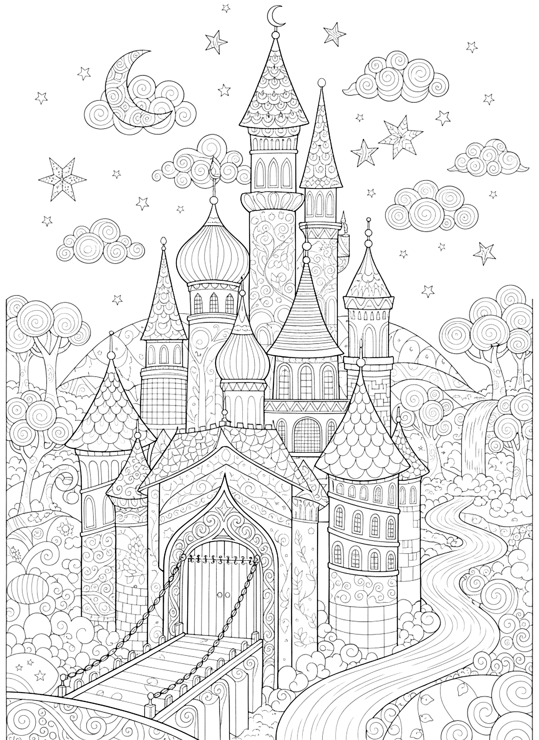 Detailed Fairy-tale castle coloring page