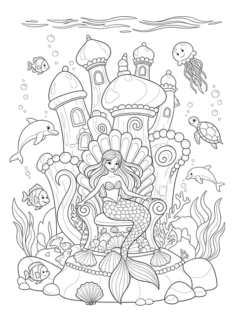Mermaid in an underwater palace coloring page