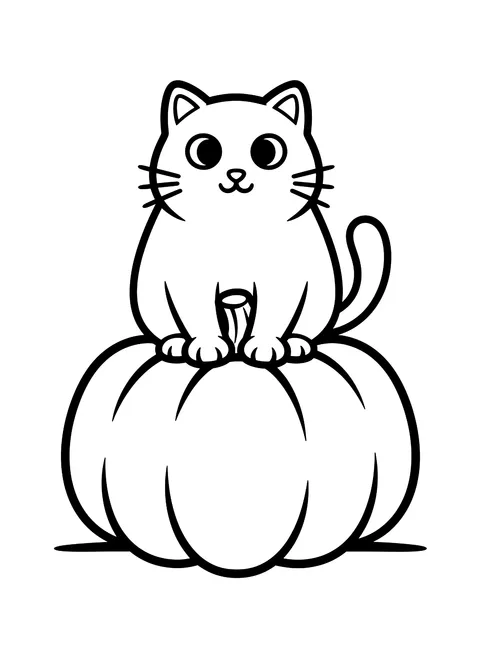 Easy Cat sitting on a pumpkin coloring page