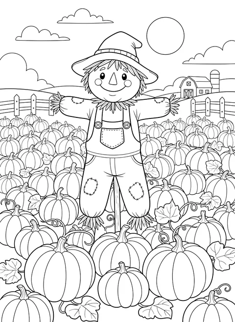 Pumpkin patch with a scarecrow coloring page