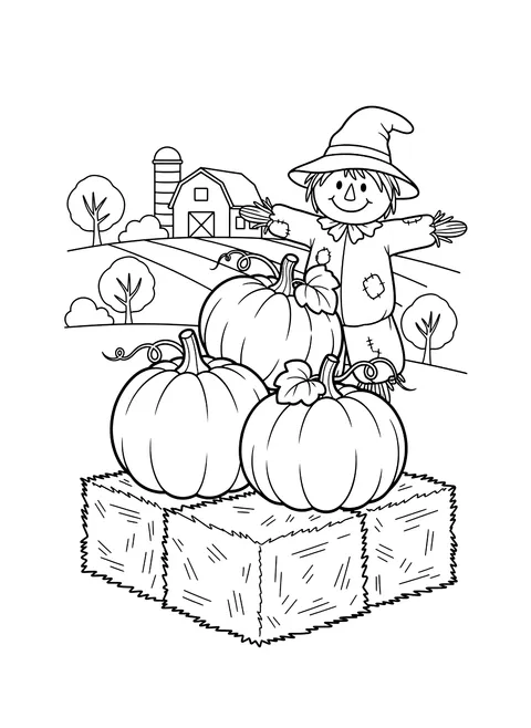 Pumpkins stacked on hay bales coloring page