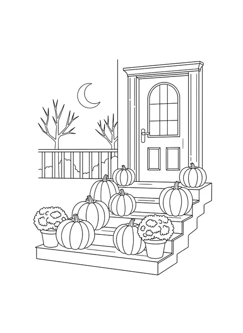 Pumpkins on porch steps coloring page