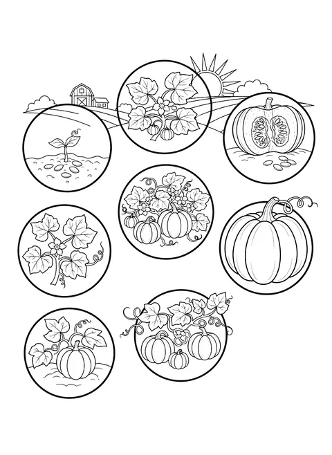 Pumpkin life cycle from seed to fruit coloring page