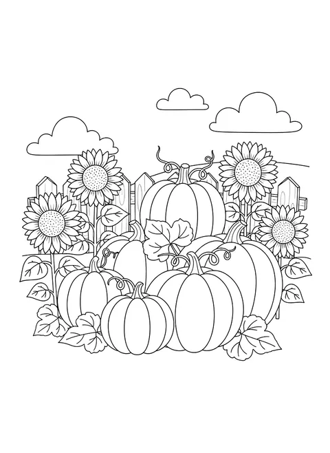 Pumpkins and sunflowers coloring page