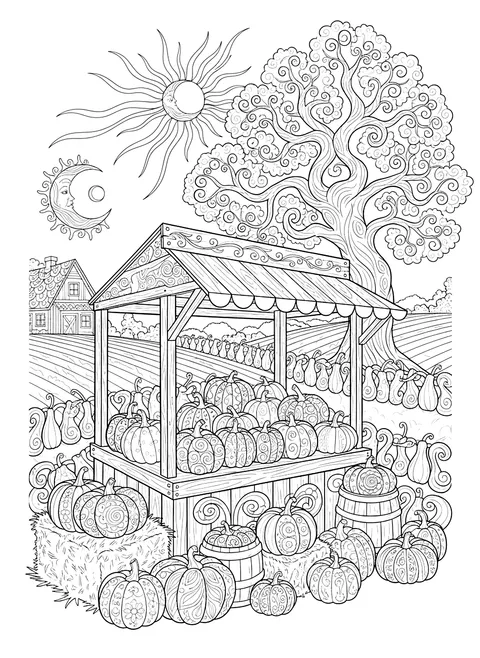 Detailed Farm stand selling pumpkins coloring page